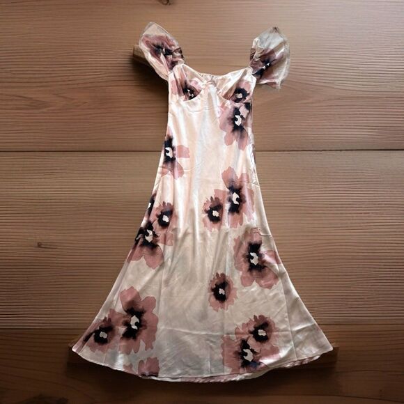 ASOS Dresses & Skirts - ASOS Satin Off Shoulder Size 12 Bardot Slip Dress Floral Pink Maxi Long Event